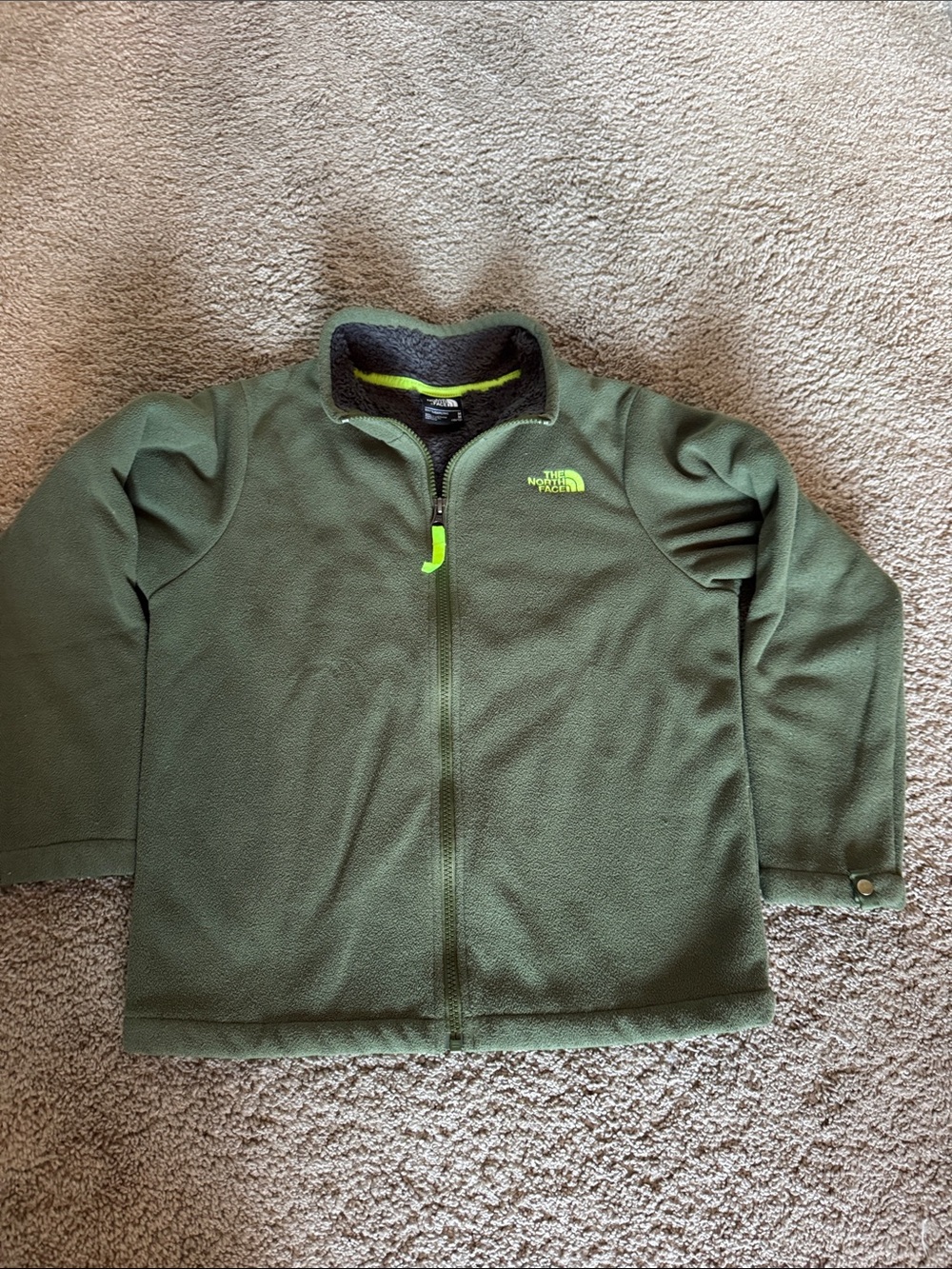 The North Face Kids Olive Green Fleece Jacket with Lime Accents